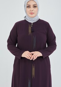 Resim Önü Çift Patlı Taş Detaylı Büyük Beden Ferace Mürdüm | 206618 - 54 / Mürdüm 