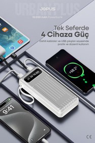 Resim Jopus 10000mAh Powerbank Dahili Kablolu, LCD Ekranlı, LED Lambalı, Taşınabilir Şarj Cihazı Beyaz JP-P11 