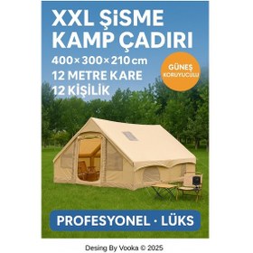 Resim 12 Kişilik Xxl Şişme Kamp Çadırı 400x300x210 Cm Güneş Koruyucu Su Geçirmez Profesyonel Çadır Bej 