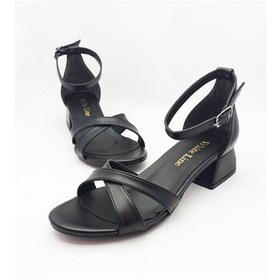 Resim Siyah Renk Çift Çapraz Bantlı Kalın Topuklu Kadın Topuklu Sandalet Siyah 