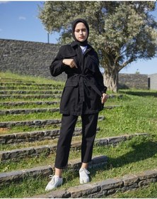 Resim Vioshine Kadın Önü Düğmeli Kuşaklı Siyah Kot Mont - Siyah 