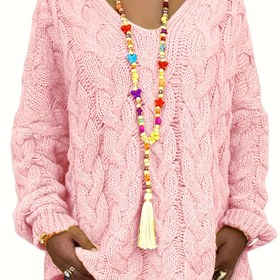 Resim Plus Size Casual Sweater, Kadınlar için Artı Katı Kapüşonlu Uzun Kollu V Yaka Örme Kazak Üst 