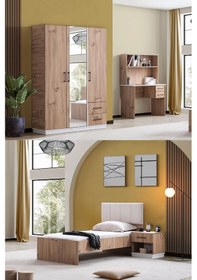 Resim Genç Odası Efes 3 Kapaklı Dolap,karyola,çalışma Masası,komodin Ceviz Krem Ceviz 