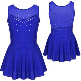 Resim Mavi Jimnastik Leotard Elbise Çocuk Kız Kolsuz Örgü Splice Şekil Buz Pateni Elbise Dans Performansı Kostüm Bale Giyim Mavi 