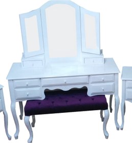 Resim Ankara Mobilya Makyaj Masa 12550 7Çekme SET Kanat ayna Puf Modl Kayın Aslan Ayk Komod Beyaz Lake 