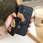 Resim 2 adet 1 set & Moda lüks her şey dahil darbeye dayanıklı Karikatür Kahverengi Ayı Desenli iPhone 16 15 14 13 12 11 Pro Max 7 8 için Mıknatıslı Telefon kılıfı ve Yüksek kaliteli deri manyetik kart tutucu KJ1 