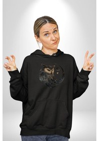 Resim Ay Yıldız Bakır Renk Baykuş Kadın Erkek Siyah Kapüşonlu Sweatshirt Hoodie Siyah 