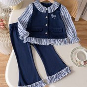 Resim 2'li Kız Çocuk Kolej Tarzı Çizgili Fırfırlı Etek Uçlu Uzun Kollu Gömlek + Pileli Pantolon Takımı - Lacivert & Çizgili Günlük Kombin, Düğme Detaylı, Dış Mekan, İlkbahar/Sonbahar Günlük Giyim için (Makinede Yıkanabilir) 