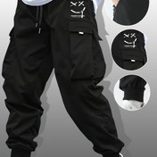 Resim Erkek Kargo Pantolonu Çoklu Cep ile - Bol Kesim, Bağcıklı Bel, Rahat Stil, Siyah, Bahar/Sonbahar için Mükemmel, Rahat Giyim, Rahat Giyim|Rahat Stil Pantolon|Poliester Kumaş 