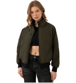 Resim Firststops Kadın Haki Dik Yaka Su Ve Rüzgar Geçirmez Oversize Crop Mevsimlik Yağmurluk Rüzgarlık Haki 