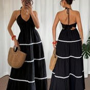 Resim Kadınlar için Şık Halter Boyunlu Sırt Bağlamalı V-Yaka Yazlık Elbise - Siyah & Beyaz Çizgili Fırfırlı Etekli A Kesim Uzun Günlük ve Tatil Kıyafeti, Makinede Yıkanabilir, Halter Boyunlu Elbise, Görünmez Kumaş 