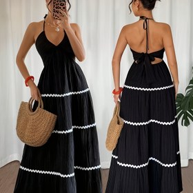 Resim Kadınlar için Şık Halter Boyunlu Sırt Bağlamalı V-Yaka Yazlık Elbise - Siyah & Beyaz Çizgili Fırfırlı Etekli A Kesim Uzun Günlük ve Tatil Kıyafeti, Makinede Yıkanabilir, Halter Boyunlu Elbise, Görünmez Kumaş 