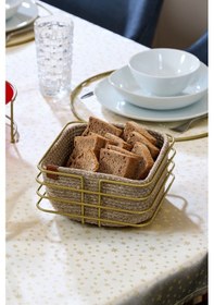 Resim Edora Home Gold Paslanmaz Oval Köşeli Kare Ekmek Sepeti Makrome - Çok Amaçlı Metal Altın 