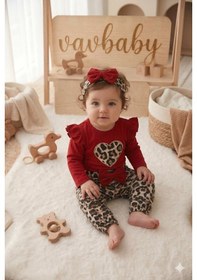 Resim Kız Bebek Leopar Desenli Çıtçıt Zıbın Model Kalp Figürlü Bandanalı 3 Lü Takımı Kırmızı 