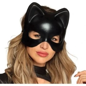Resim Siyah Deri Görünümlü Kedi Maskesi 