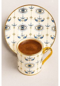 Resim Altın Yaldızlı Nazar Göz Desenli 6 Kişilik Porselen Fincan Takımı 12 Parça Şık Sunum Seti Evil Eye Desenli 