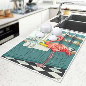 Resim Harikabirev Bulaşık Kurutma Matı Kurutma Örtüsü Tezgah Üstü Bulaşıklık 40X50CM Yıkanabilir | Flamingo Desenli-3 