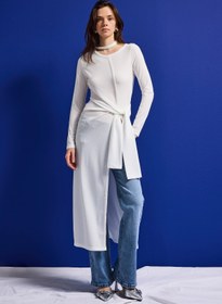 Resim it's basic Kadın Beyaz w5 Maxi Boy %100 Organik Kumaş Tasarım Belden Bağlamalı Tunik 
