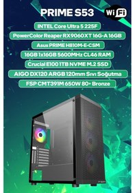 Resim Game Garaj PRIME S53 Ultra 5 225F 16 GB 1 TB SSD 16 GB RX9060XT Free Dos Oem Paket Masaüstü Oyuncu Bilgisayarı 