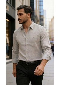 Resim Erkek Uzun Kollu Keten Gömlek Bej 