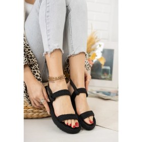 Resim Fox Shoes Siyah Halat Ipli Hasır Kadın Sandalet K596012104 