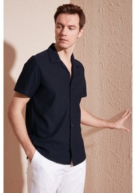 Resim Buratti Pamuk Karışımlı Apaş Yaka Kısa Kollu Regular Fit Erkek Gömlek Cf24S115882 Lacivert 