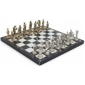 Resim Lüks Metal Satranç Takımı Krom Kaplama Osmanlı Vs Bizans Orduları Siyah Mermer Desenli Tahta 20 Cm 