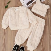 Resim 3 Parça Set ve Sıcak Polar Kapüşonlu Sweatshirt + Esnek Bel Pantolon + Bere, Sonbahar Kışlık Unisex Spor Üstü Termal Uzun Pantolon Takımı, Soğuk Koruma Rahat Şirin Kıyafet, Bej Peluş Yumuşak 0-1-2 Yaş 6-9 Ay Dış Mekan Parti Tatil Hediyesi, Mükemmel Outdoor 