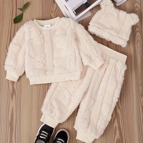 Resim 3 Parça Set ve Sıcak Polar Kapüşonlu Sweatshirt + Esnek Bel Pantolon + Bere, Sonbahar Kışlık Unisex Spor Üstü Termal Uzun Pantolon Takımı, Soğuk Koruma Rahat Şirin Kıyafet, Bej Peluş Yumuşak 0-1-2 Yaş 6-9 Ay Dış Mekan Parti Tatil Hediyesi, Mükemmel Outdoor 