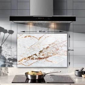 Resim Decorita Cam Ocak Arkası Koruyucu | Gold Detaylı Beyaz Mermer Görünümlü | 40CM x 60CM 