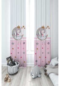 Resim Mekta Home Bebek Ve Çocuk Odası Ayda Oturan Prenses Kız Desenli Pembe 2 Kanat Fon Perde 