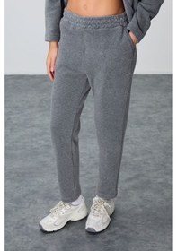 Resim Tommy Life Gri Melanj Kalın Yumuşak Dokulu Kapüşonlu Oversize Nakışlı Polar Kadın Eşofman Takım -95338 GRİ MELANJ 