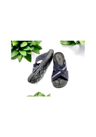 Resim Gezer Çapraz Tasarım Deri İç Taban Ev Ve Dışarı Terliği Lacivert 