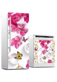 Resim Buzdolabı Ve Bulaşık Makinası Beyaz Eşya Sticker Kaplama Pembe Çiçek Kelebek 