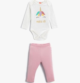 Resim Kız Bebek Unicorn Baskılı Uzun Kollu Çıtçıtlı Zıbın Tayt Seti Pamuklu 