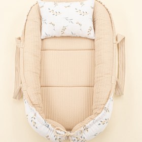 Resim Babynest ve Yastık - Çift Taraflı - Sütlü Kahve Örgü - Yapraklar 