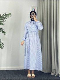Resim Esre Store 4540 - Çizgili Tesettür Elbise Mavi 