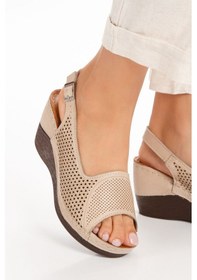 Resim İç Dış Hakiki Deri Dolgu Topuk Lazer Delikli Kadın Sandalet 