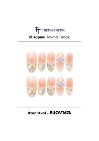 Resim Euov1674 Uzun Oval 10'lu Tekrar Kullanılabilir El Yapımı Protez Takma Tırnak Xs 