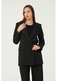 Resim Siyah Regular Astarlı Kruvaze Kapama Dokuma Blazer Ceket 001 