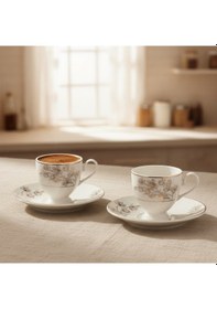 Resim Vio Vintage Yaldızlı Çiçekli Model 6 Kişilik Porselen Krem Kahve Fincan Takımı 100 Ml. Krem 