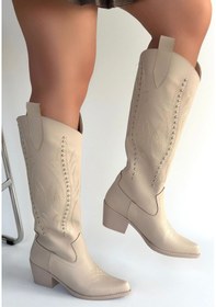 Resim Diz Altı Topuklu Çizme Bej Topuk Boyu 5,5 Cm Bej 