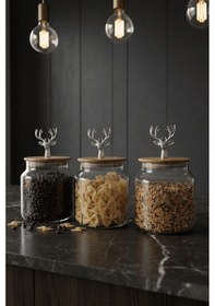 Resim Bambu Kapaklı Gümüş Geyik Figürlü 3lü Cam Kavanoz Seti - Saklama Kabı 635cc Çok renkli 