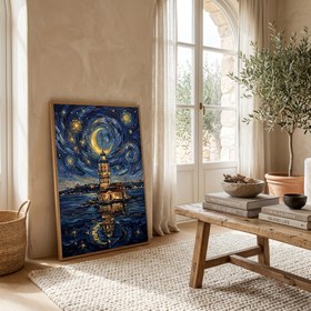 Resim Maiden Tower Istanbul Crescent Moon Print - Van Gogh-Style Bosphorus Wall Art - Wooden Frame - White / 20 x 28" (50x70 cm) 