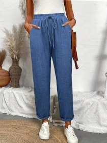 Resim Nova Bazaar Kadın Yüksek Bel Lastikli Belde Bağcık Detaylı Aerobin Pantolon Mavi 