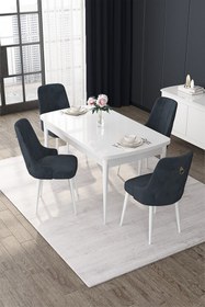 Resim Canisa Nex Serisi 80x132 Mdf Açılabilir Beyaz Masa Takımı Ve 6 Siyah Sandalye Gold Detay 