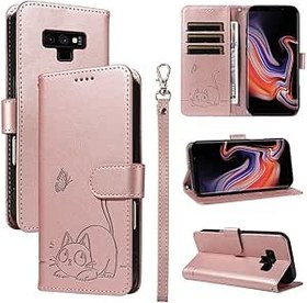 Resim SATURCASE Samsung Galaxy Note 9 için Kılıf, Sevimli Kedi PU Deri Kapaklı Çift Mıknatıslı Cüzdan Stant Kart Yuvaları Samsung Galaxy Note 9 için El Kayışı Koruyucu Kılıf (ZC-Gül Altın) 