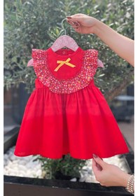 Resim Çiçekli Fırfır Ve Kurdele Detaylı Kırmızı Kız Çocuk Bebek Poplin Elbise 001 