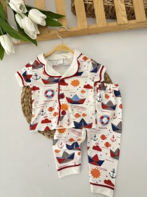 Resim Erkek Bebek Beyaz Kayık Desenli Pijama Takımı 