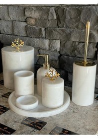 Resim Beyaz Mermer Gold Mercan Aksesuarlı 7'li Banyo Seti Beyaz 